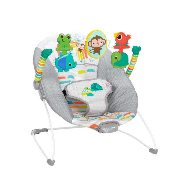 Bright Starts Playful Paradise Vibrating Baby Bouncer with Toys: Detachable Toy Bar, Machine Washable Seat Pad, Calming Vibrations, 3-Point Harness